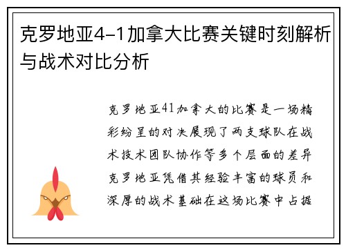 克罗地亚4-1加拿大比赛关键时刻解析与战术对比分析