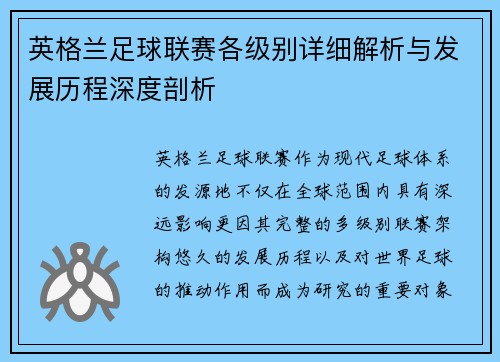 英格兰足球联赛各级别详细解析与发展历程深度剖析